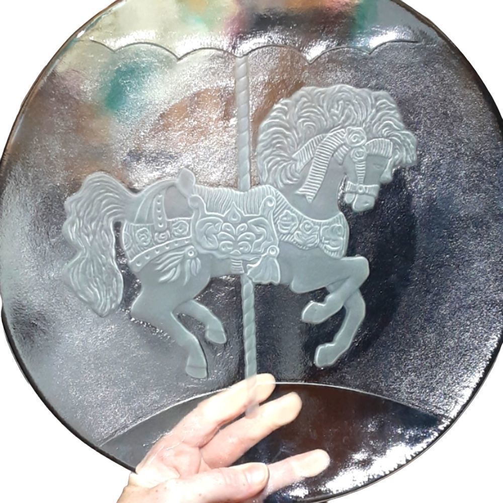 Rare Vintage glass Carousel serving/ cake plate 12 1/2in. Round.